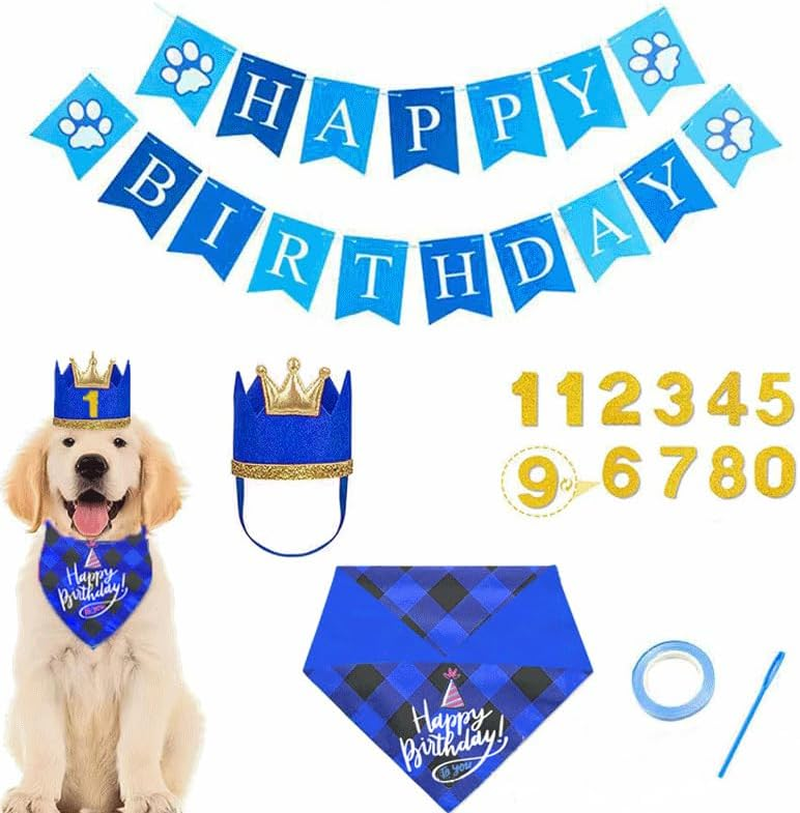 Generic Dog Birthday Hat Bandana - Complete Set with Hat, Bandana, Scarf, Bow, Banner (Blue, One Size) image number 1