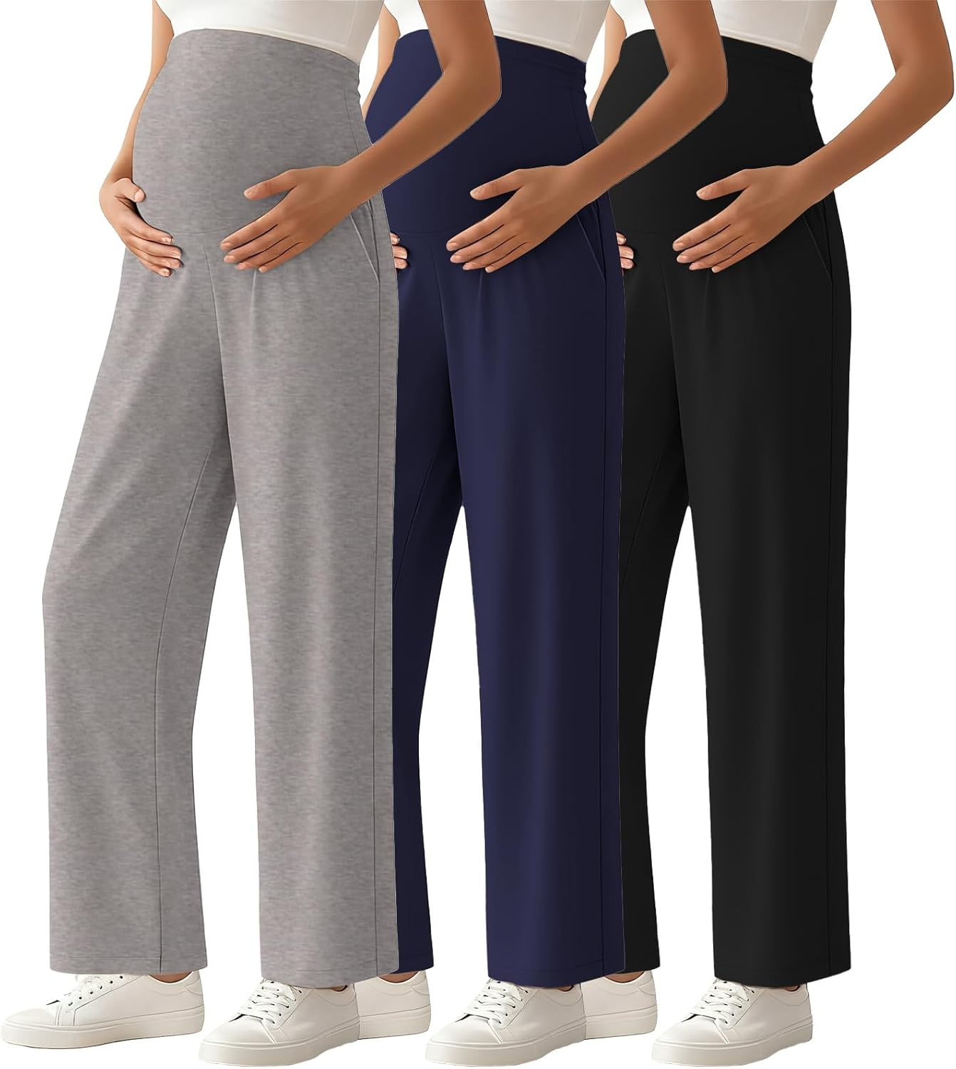 Ecavus 3-Pack Women'S Maternity Pants over Belly Soft Lounge Palazzo Pants Stretch Wide Leg Pregnancy Trousers with Pockets