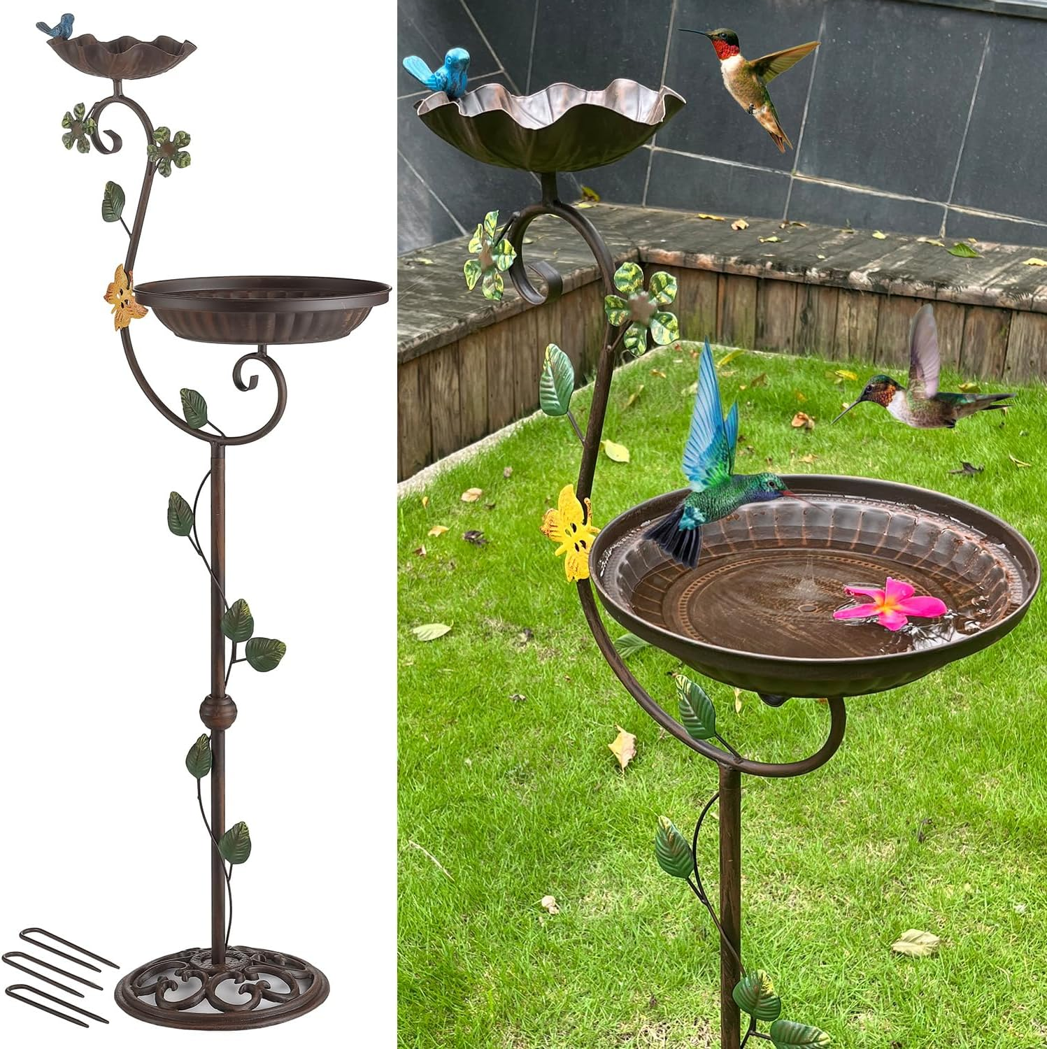 Metal Bird Baths for Outdoors, 44" Height Cast Iron Pedestal Bird Bath and Feeder, Vintage Sturdy Heavy Duty Birdbath Bowl, Tall Floral Accents Birdbaths for Garden Yard Patio Porch Decor image number 6