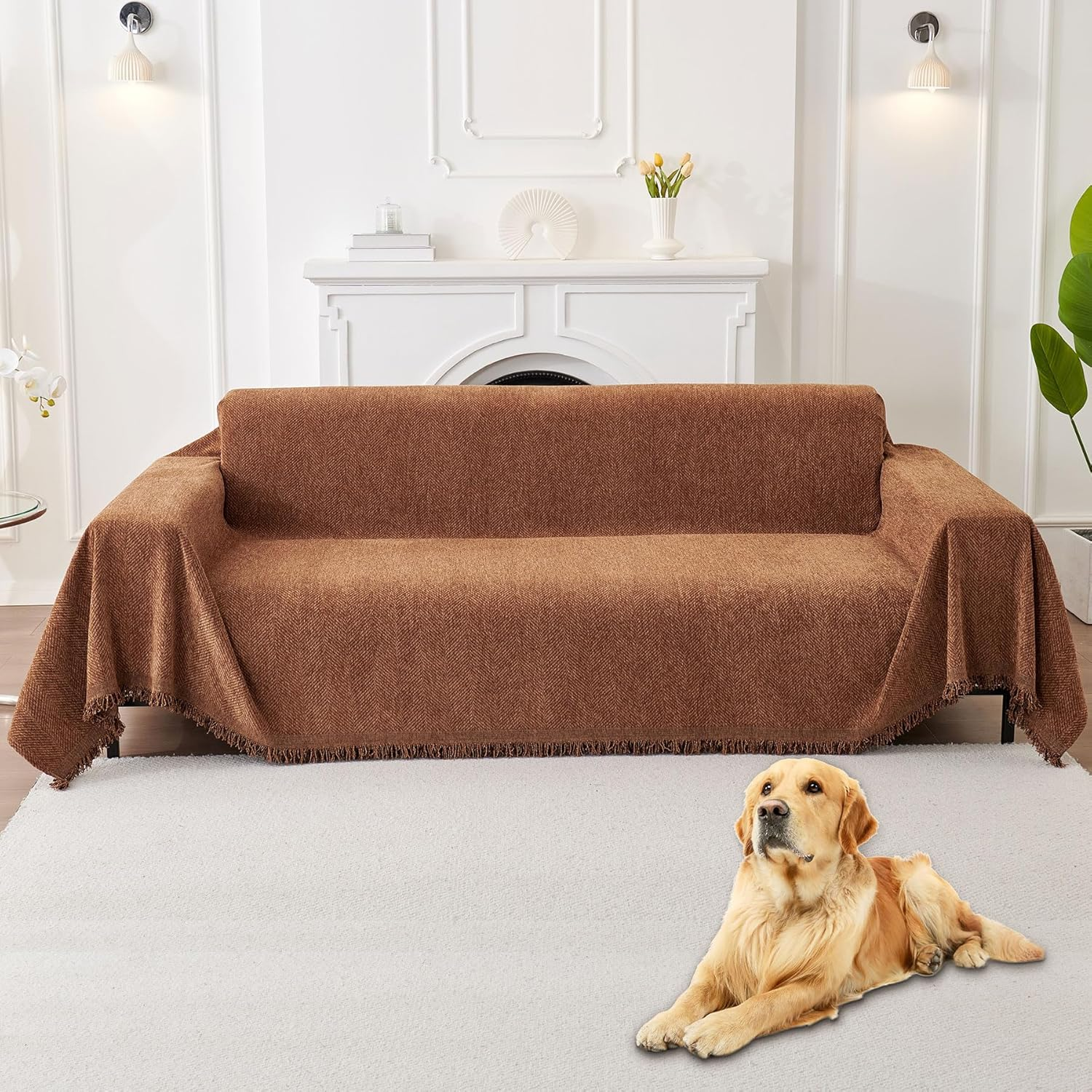 HAOMAIJIA Chenille Couch Cover Sofa Covers for 3 Cushion Couch Washable Sectional Couch Covers for Dogs Pet Furniture Protector Couch Cover Blanket for Living Room (Sage Green, 91"X118")