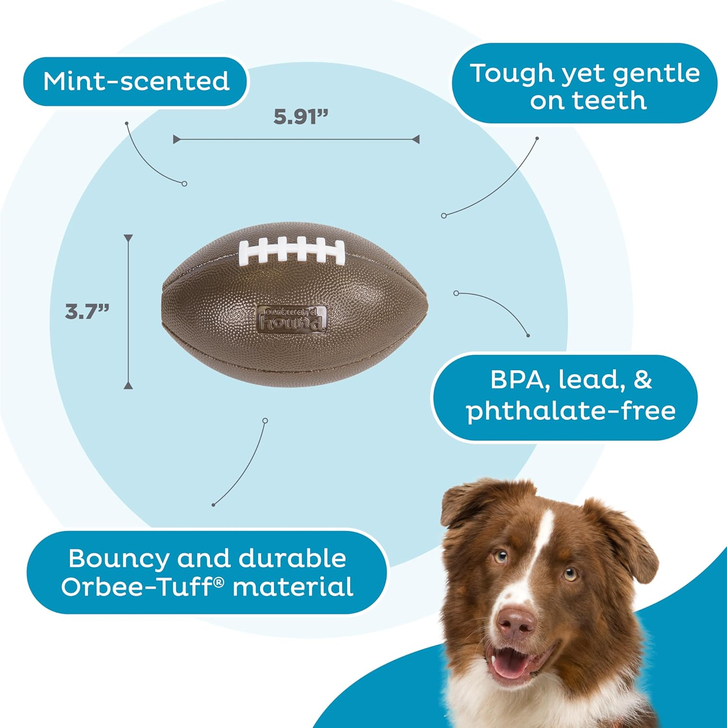 Outward Hound by Planet Dog Football, Durable Treat-Dispensing Dog Ball, Interactive Fetch Toy, Orbee-Tuff, Mint Scented, Bpa-Free, for Indoor & Outdoor Play, Brown image number 3