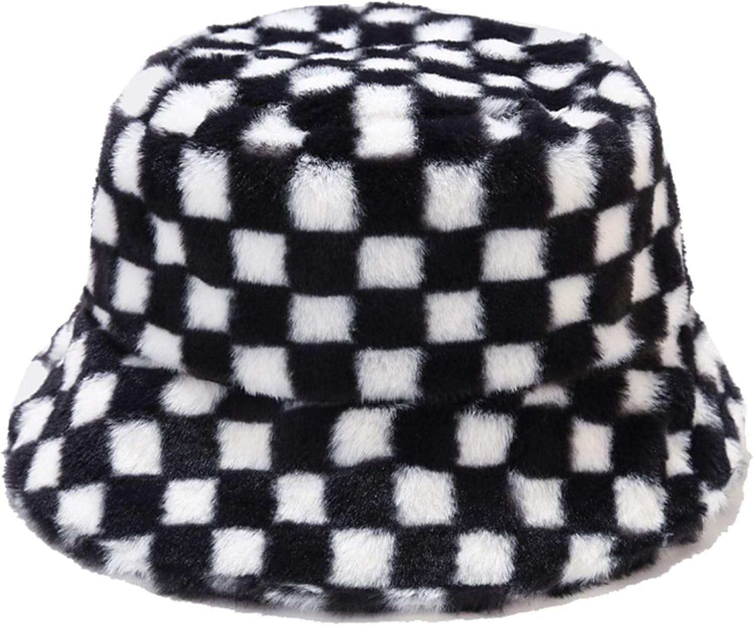 Checkered Fuzzy Bucket Hat &ndash; Winter Faux Fur Unisex Hat with Fluffy Soft Lining &ndash; Windproof Warm Bucket Hat for Men & Women &ndash; Black & White Plaid Design