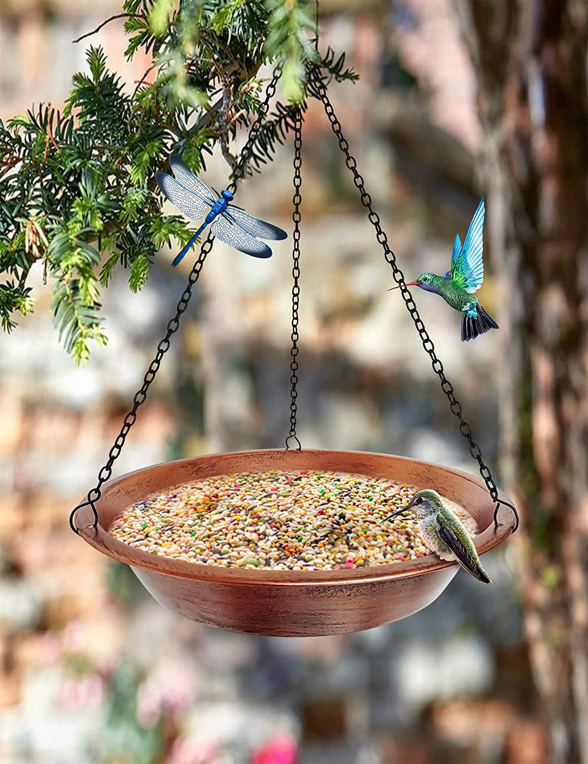 Hanging Bird Bath for Outdoor, Antique Copper Metal Bird Feeder Birdbath Bowl with 17&rdquo; Rust-Proof Black Chains for Garden Backyard Decor image number 3