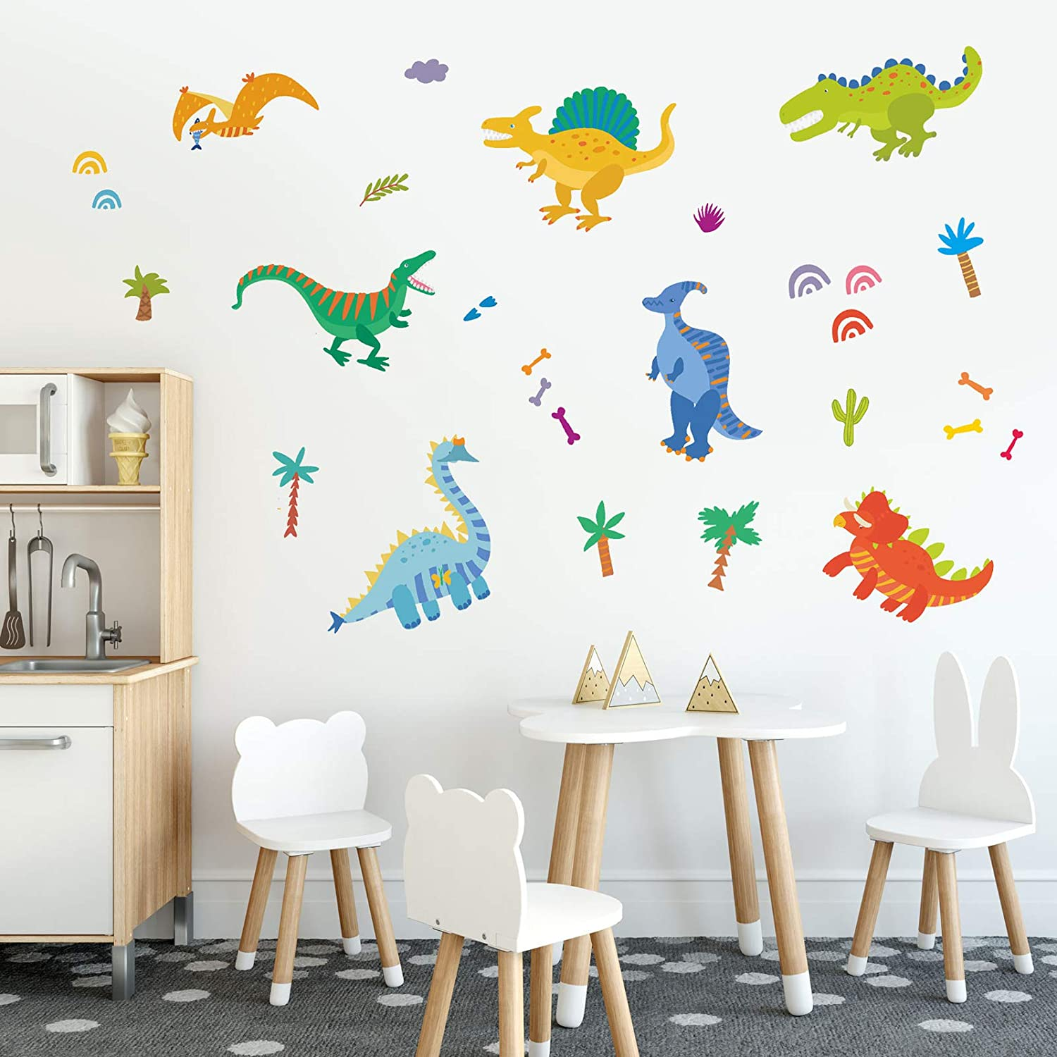 Maydahui 3 Sheets（95 Count） Dinosaurs Wall Decals Colorful Assorted Dino Animal Stickers Peel and Stick Removable Wall Sticker for Bedroom Living Room Playroom Home Decoration image number 3
