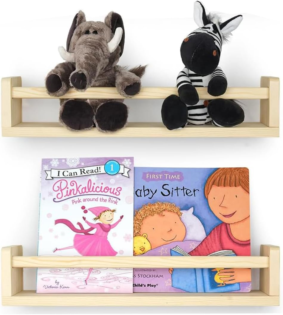 Dxzephious Nursery Bookshelves,40 Cm Floating Bookshelves for Wall Set of 2, Wood Wall Mounted Floating Shelves for Baby Nursery Decor and Toys Storage (40Cm -Set of 2)