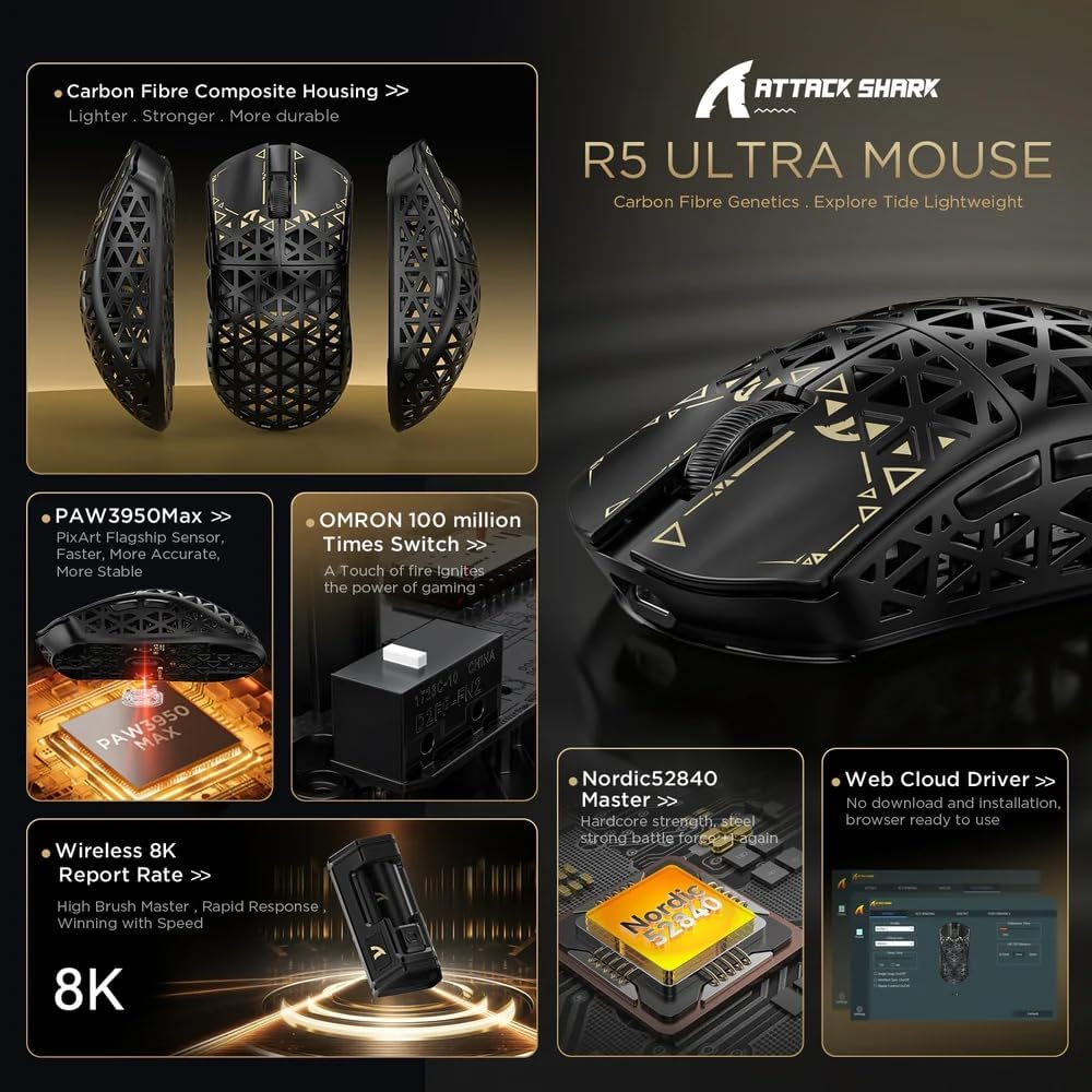 ATTACK SHARK R5 Ultra 8Khz Carbon Fiber Wireless Gaming Mouse with 42000 DPI, 39G Ultra-Lightweight, PAW3950 MAX Sensor, Nordic 52840 Chip, Wired/Bt/2.4Ghz Wirelss Programmable Mice for Pc/Mac (Black) - Blackgriptape image number 2