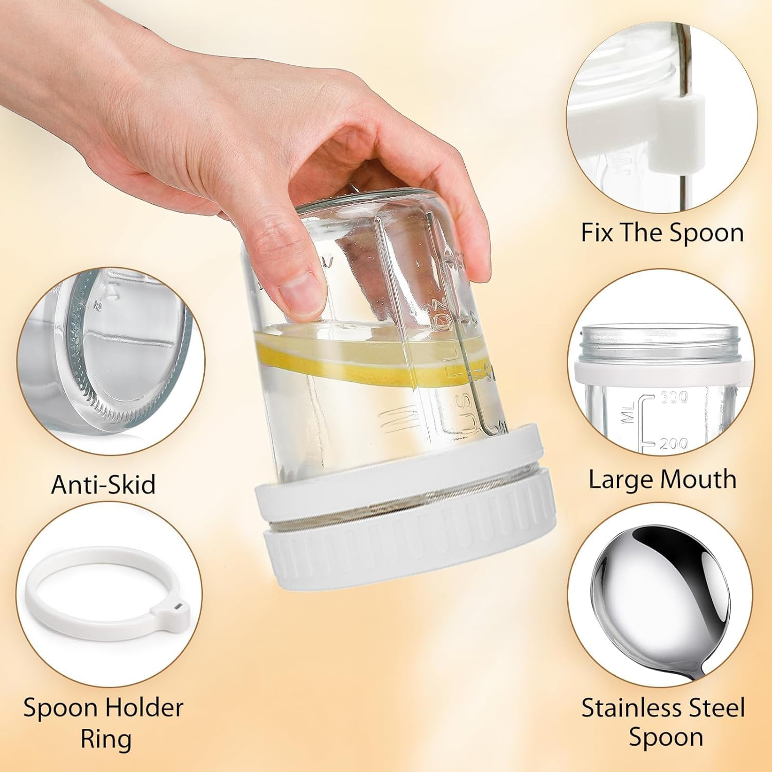 Heyinova Overnight Oats Jars,Overnight Oats Containers with Lids and Spoons, Airtight Oatmeal Container with Measurement Marks, Mason Jars with Lid for Cereal on the Go Container (4 White) image number 2