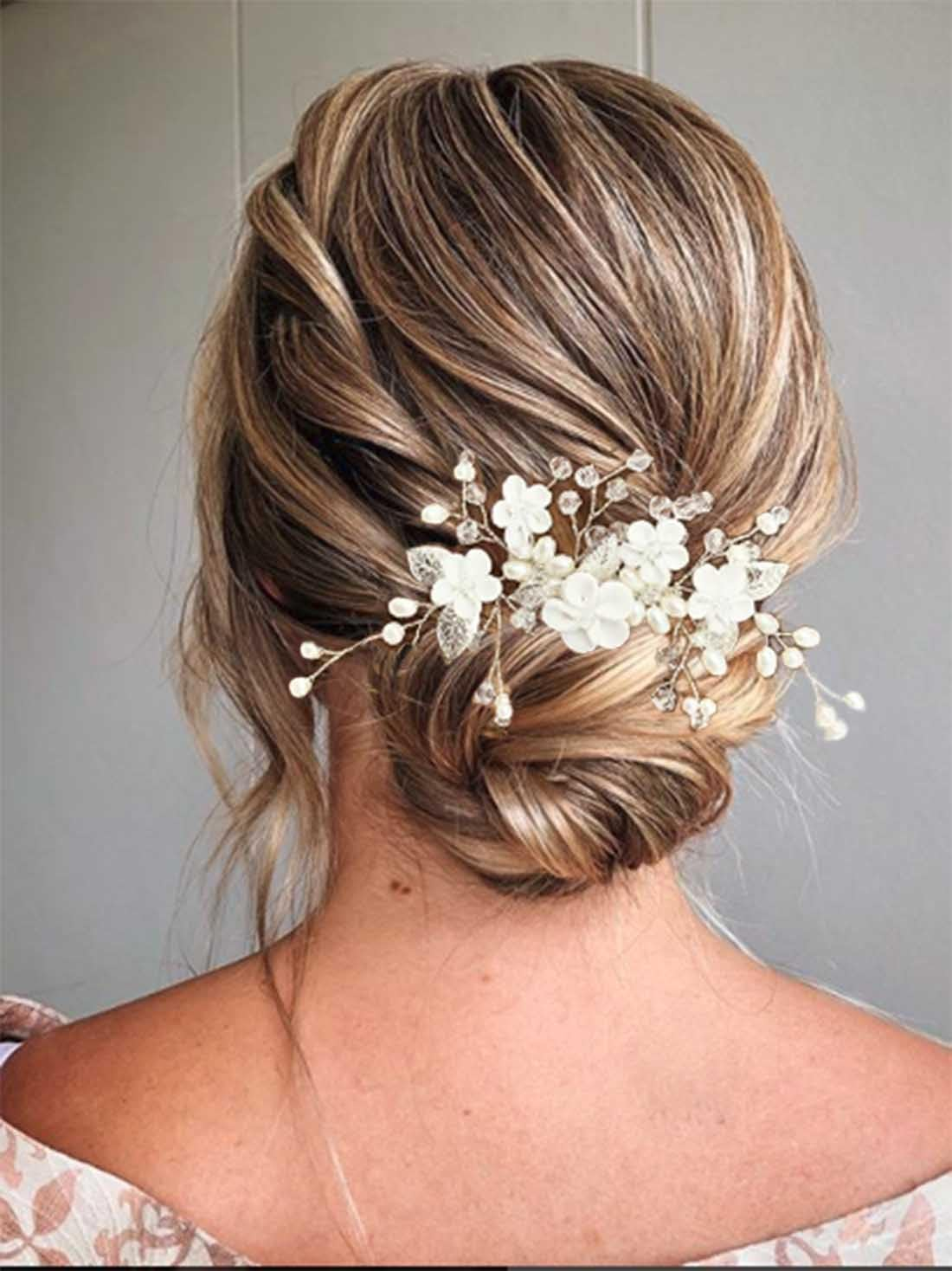 Resweky Bride Wedding Flower Hair Comb Pearl Bridal Hair Side Comb Pieces Bridal Hair Accessories for Women and Girls (Silver) image number 4