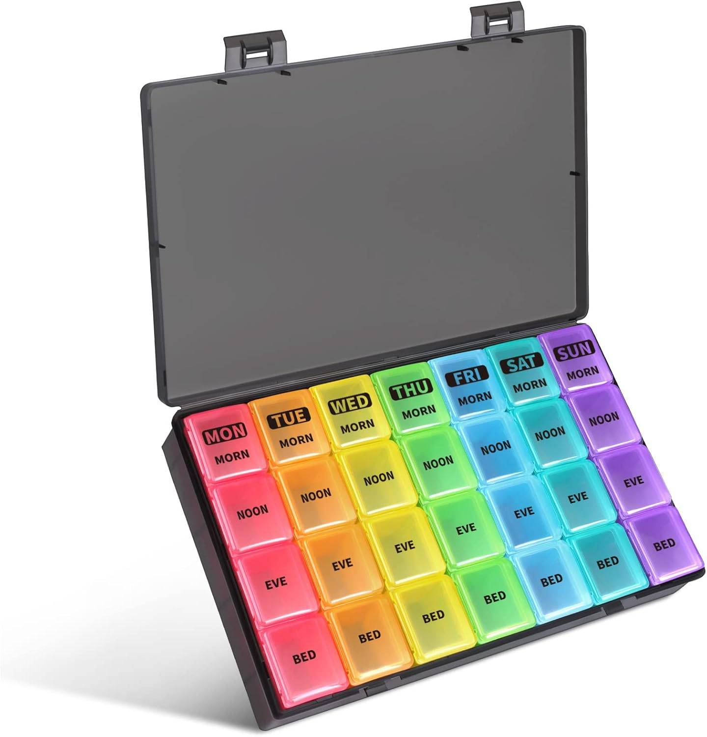 Opret Pill Organiser Box 7 Day, Weekly Travel Medication Organiser 4 Times a Day, with 28 Large Compartment for Fish Oil Vitamins Tablets and Supplements - Black-Coloured