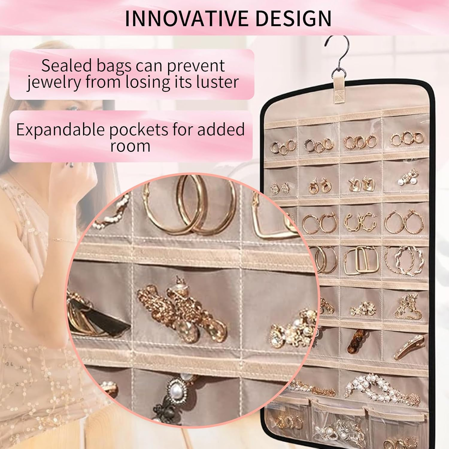 Hanging Jewelry Organizer with Rotating Metal Hook, 20 Pockets Earring Holder Organizer, Necklace Holder Anti-Tangle Earrings Rings Hanger, Double-Sided Jewelry Holder for Earrings Necklaces Ring (BK)