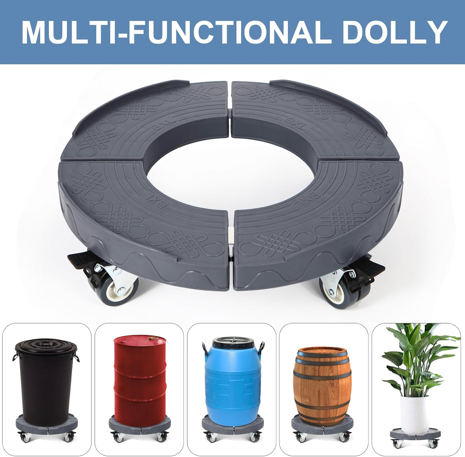 W B D WEIBIDA Trash Can Dolly Adjustable 15-19 Inch round Dolly with Wheels Heavy Duty Trash Can Roller Base Large Bucket Dolly Multi Functional Drum Dolly Rolling Keg Dolly Cart, Gray