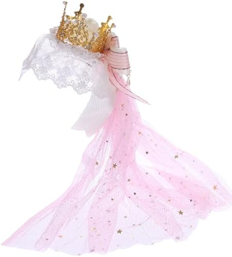 C-105-2 Pink Veil Gold Crown Rose Bow Lace Ruffle Gothic Lolita Party Celebration Hair Accessories Head Accessory image number 4