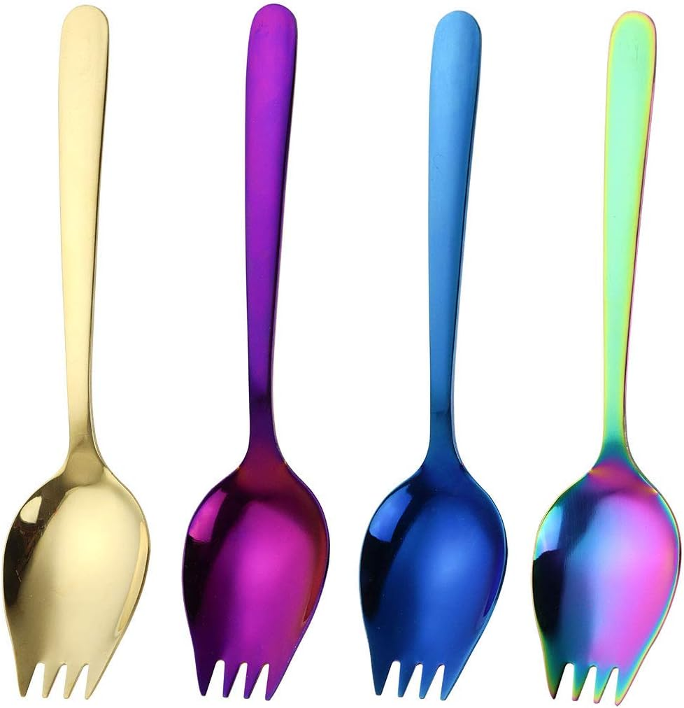 JUCOXO Sporks 4 Pack Stainless Steel Sporks 5.9 Inch Spork Spoon for Ice Cream Spoon Salad Forks, Fruit Appetizer Dessert Spoons (Multicolor)