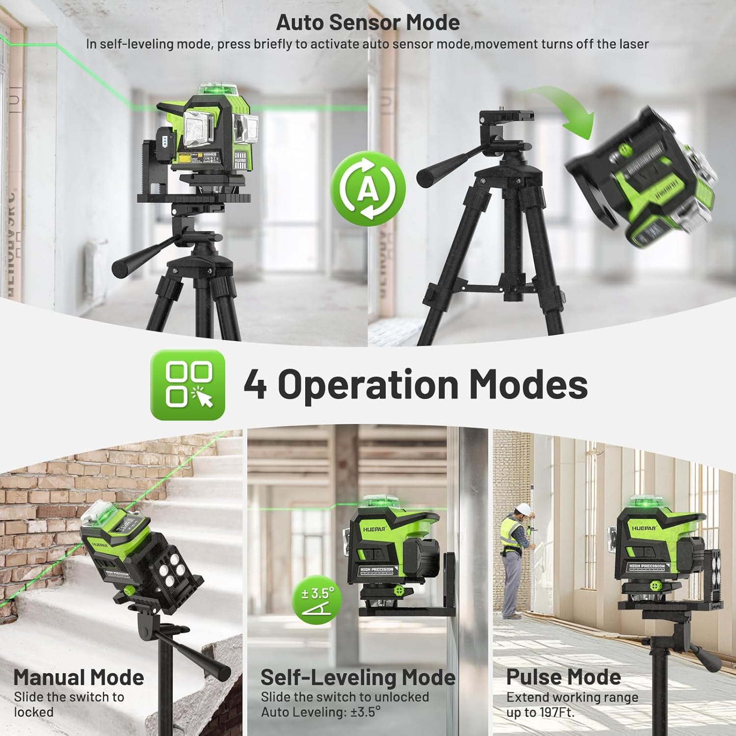 Huepar 4 X 360 Laser Level with LCD Display, Self-Leveling 16 Green Cross Line Professional Levels Laser with Pulse Mode, Rechargeable Lithium and Alkaline Batteries, IP54, 4 Laser Modes image number 5
