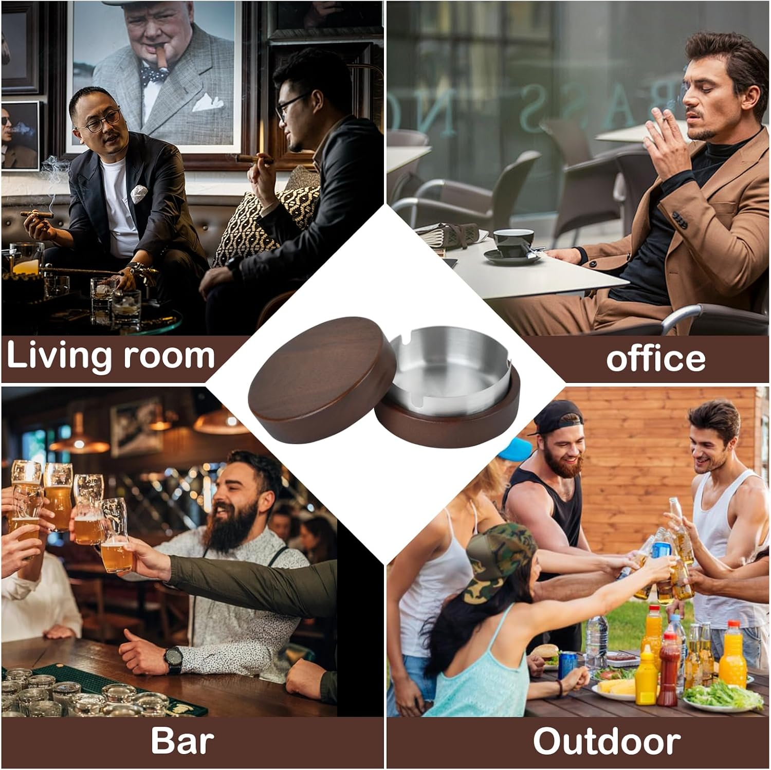 Zoyiancy 2Pcs Wooden Ashtray with Lid, Cute Windproof Ashtrays for Cigarette, Stainless Steel Liner Ash Tray for Man Indoor Outdoor Parties Balcony Office Home