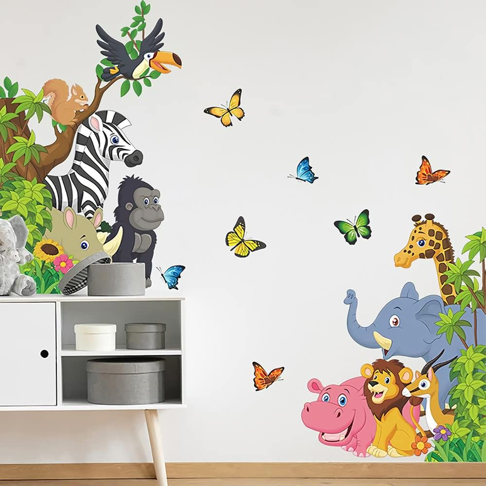 Supzone Cartoon Animal Wall Decal Jungle Animals Wall Stickers Elephant Lion Zebra Butterfly Wall Decor for Kids Baby DIY Vinyl Mural Art for Nursery Bedroom Living Room Playroom image number 6