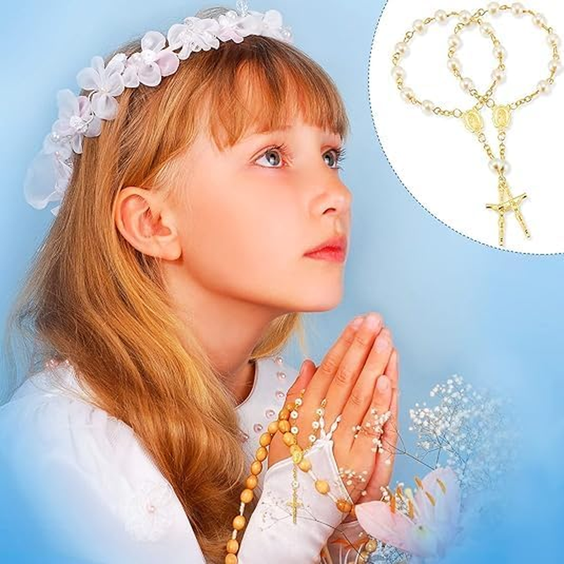 12 Pieces Mini Rosary Baptism Rosary Acrylic Rosary Beads Finger Baptism Rosaries Faux Pearls for Baptism Favors Christening Favors Communion Favors Weddings Party Favors (White)