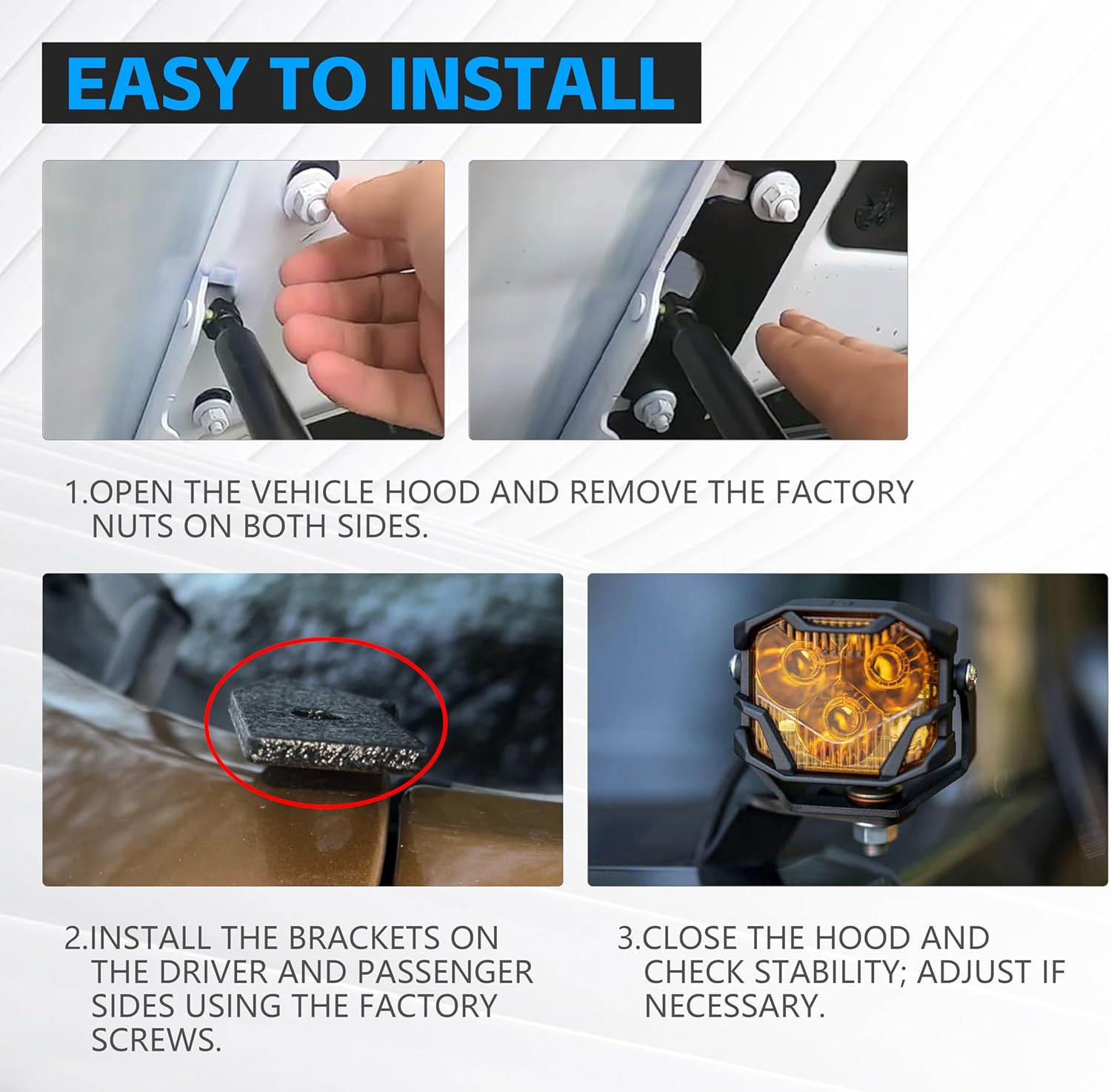 Ditch Light Brackets Hood Hinges Mount Bracket for Auxiliary Offroad LED Pod Work Lighting Compatible with 2009-2018 Dodge RAM 1500, 2019-2024 RAM1500 Classic, 2010-2018 RAM 2500 3500 (Black) image number 6