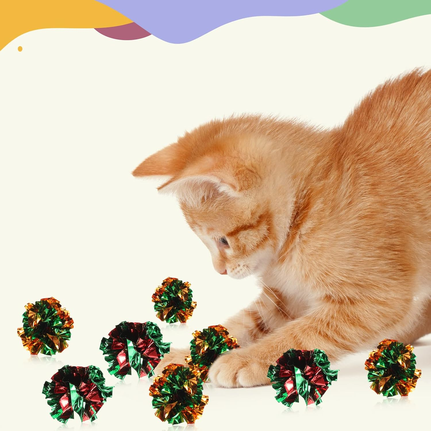 102 Pcs Cat Toys Balls Set 80 Assorted Color Cat Glitter Pom Pom Balls,10 Pcs 2.2 Inch Crinkle Ball Cat Toy Balls 12 Helical Spring Toys Pet Cat Toy Furry Interactive Toy Balls Christmas Party Balls image number 4
