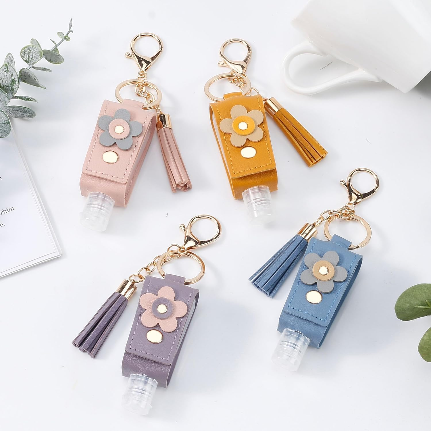 4Pcs Hand Sanitizer Keychain, Portable Leather Empty Bottles, 30Ml Squeeze Bottle Refillable Containers, Cute Hand Sanitizer for Toiletry Lotion Liquid Soap Shampoo (Pink, Blue, Purple, Yellow)