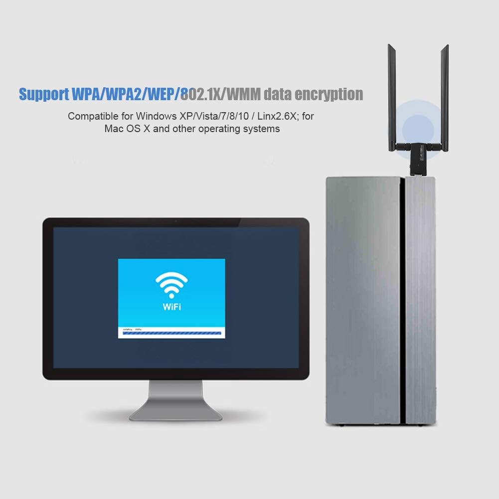 USB Network Card,Rtl8812Au AC USB 2.4G/5.8G Dual-Band Wifi Dongle Adapter,Support WPA/WPA2/WEP/802.1X/WMM Data Encryption,Wireless Network Card with Strong Anti-Interference Ability image number 5