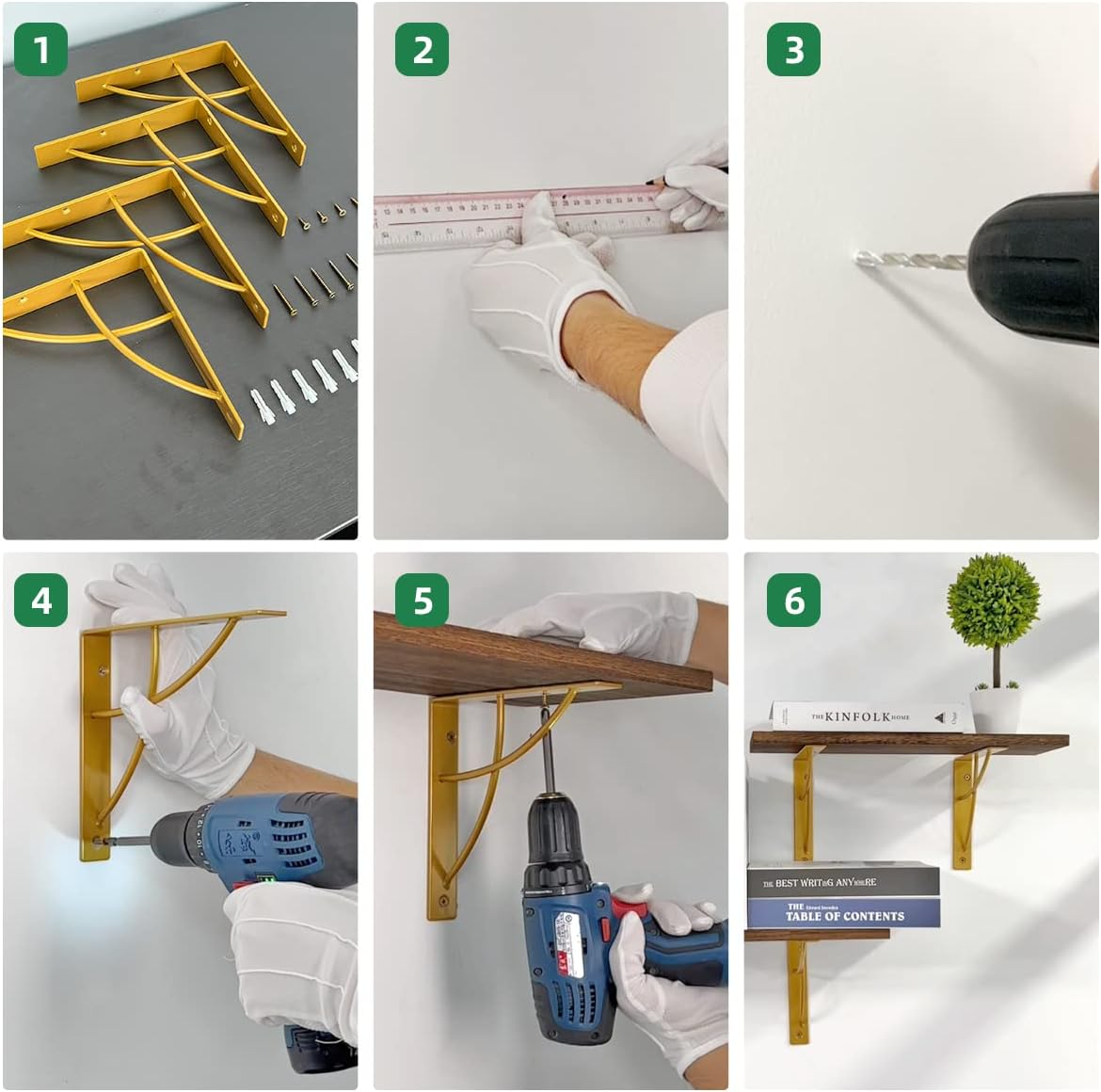 WAALIJI Metal Shelf Brackets, Gold Heavy Duty Shelf Bracket 7 Inch for Floating Shelf DIY Open Shelving Modern L & Cross Design Set of 4 image number 1