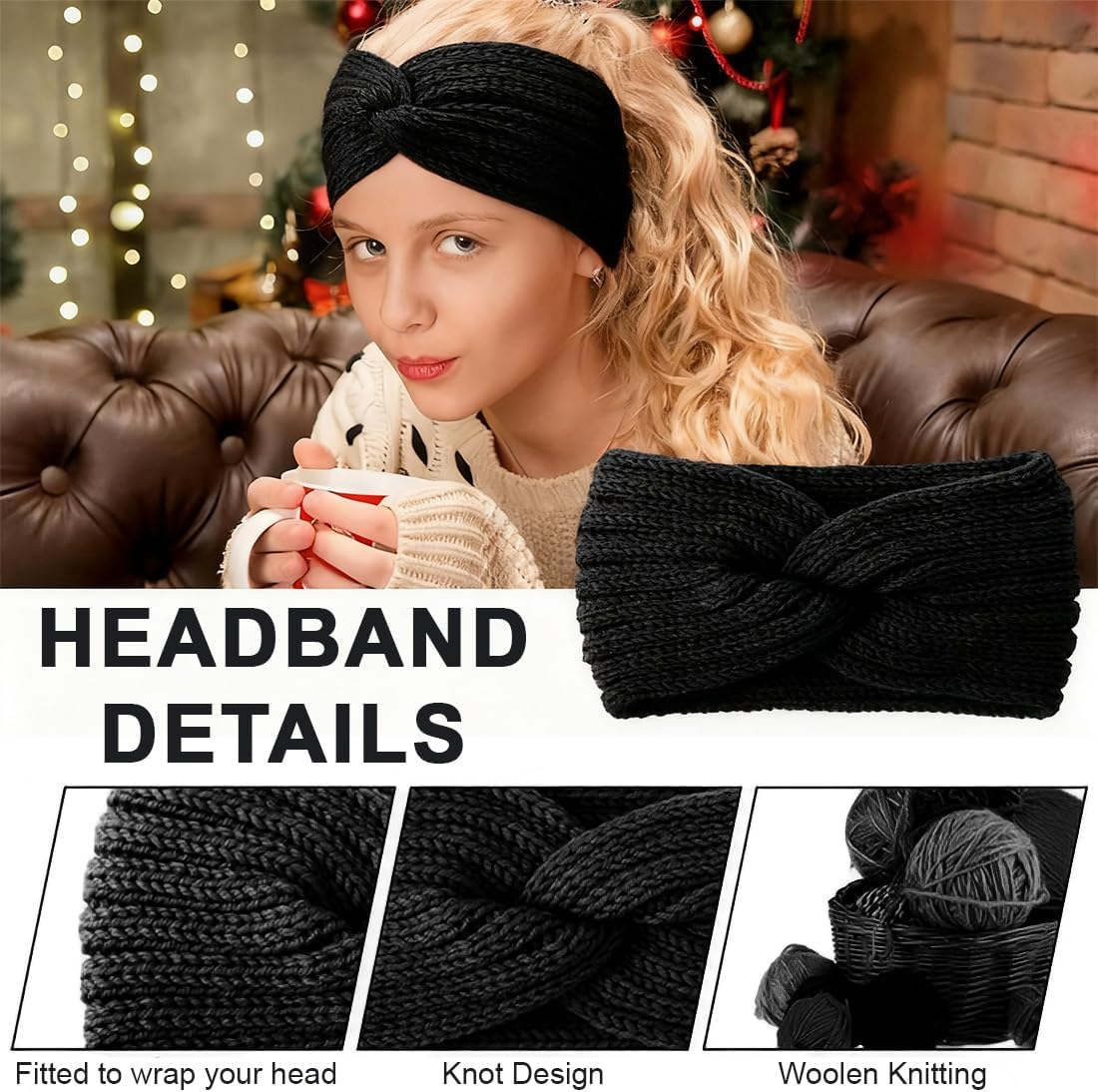 GGUFAY Bow Headband Women'S Winter Knitted Warm Headbands Ear Warmers Headband Hair Band Thick for Women Girls Elastic Crochet Thermal Headband (B)