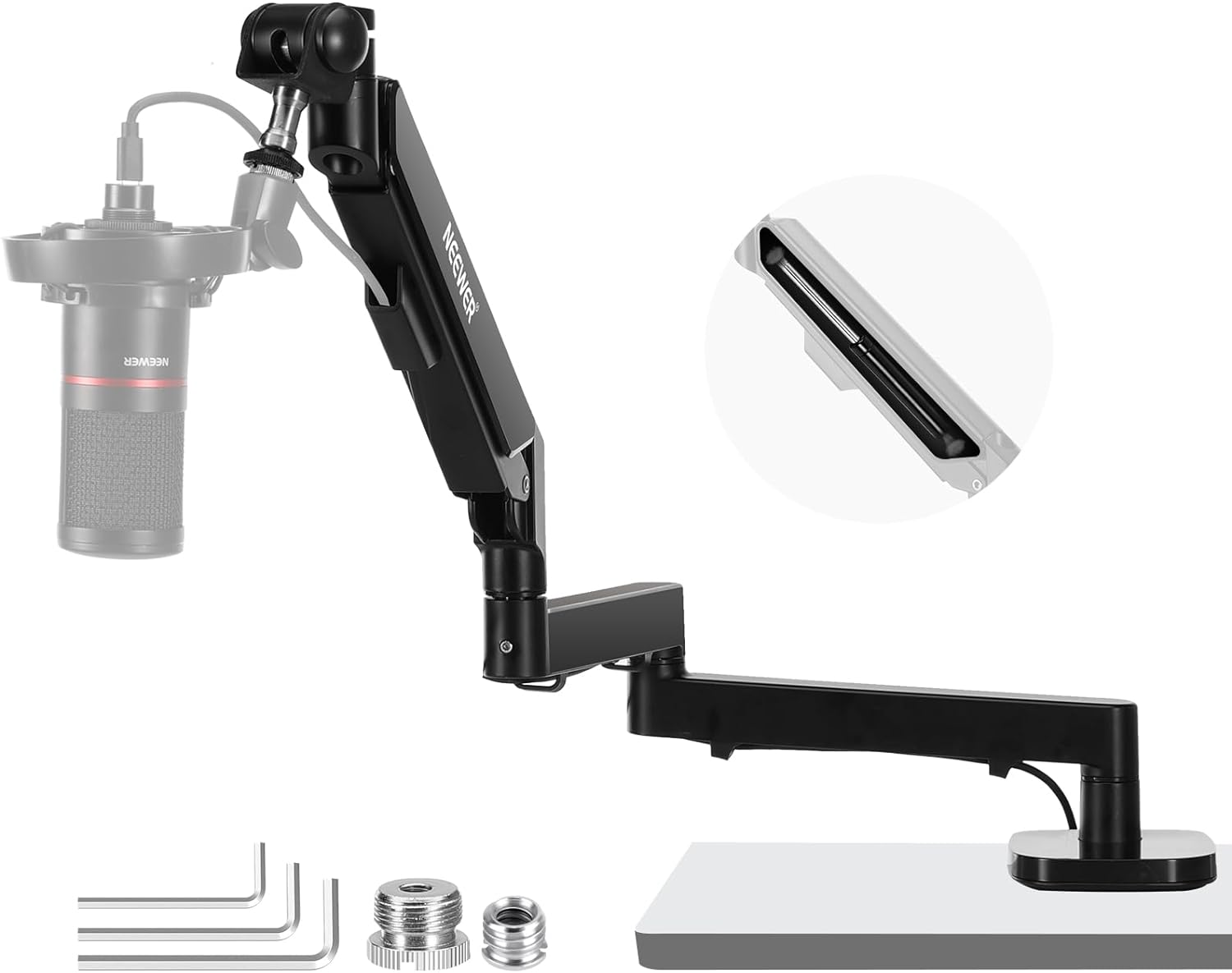 NEEWER Low Profile Mic Arm Desk Mount, 360&deg; Swivel Boom Arm with Pneumatic Damping Adjustable, Cable Management, Compatible with Shure MV7 SM7B Blue Yeti Gaming Streaming Podcast Microphone, MS002 image number 5