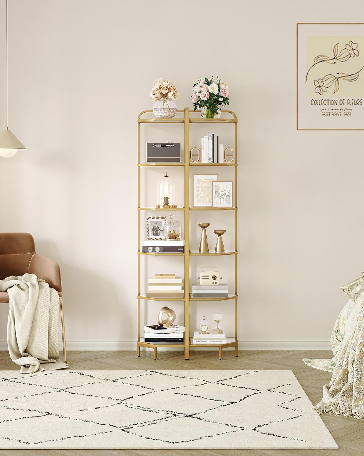 Hzuaneri Corner Shelf Stand, Glass Bookshelf Bookcase, Bathroom Organizer, Plant Stand, Steel Frame, Tempered Glass, Modern Style for Living Room, Bathroom, Kitchen, 6-Tier Golden CS90600G image number 5