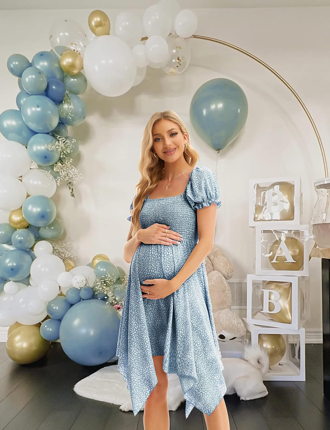 Maternity Summer Short Puff Sleeve Floral Maternity Dress, Square Neck Flowy Irregular Hem Baby Shower Dress