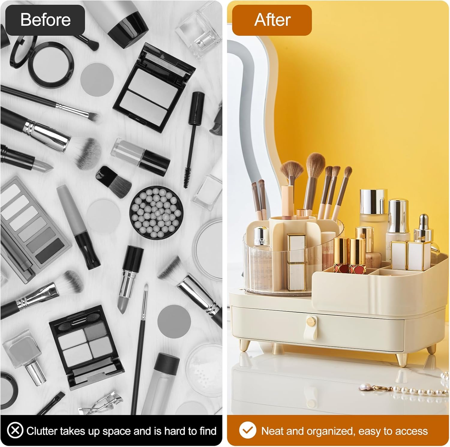 DASITON 360&deg; Rotating Makeup Organizer with Drawers,Large Capacity Cosmetic Display Case,Skincare Organizer with Makeup Brush Holder,Makeup Storage Organizer for Vanity,Desktop,Bathroom (Cream) D1104 image number 2