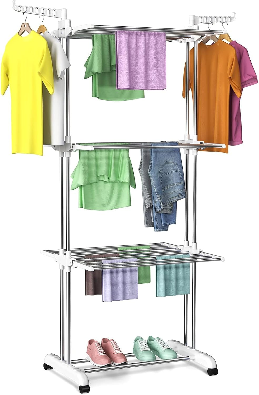 Bigzzia Clothes Drying Rack Folding Clothes Rail 3 Tier Clothes Horses Rack Stainless Steel Laundry Garment Dryer Stand with Two Side Wings Grey
