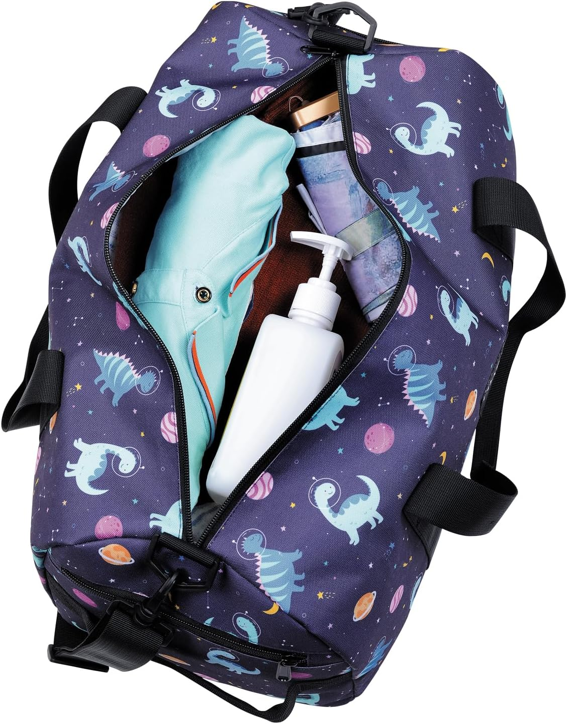 Kids Duffel Bag Overnight Bag for Boys and Girls Weekender Carry-On Personalized Tote for Traveling Gym Sport Dance, Multicolor, Dinosaur Navy image number 4