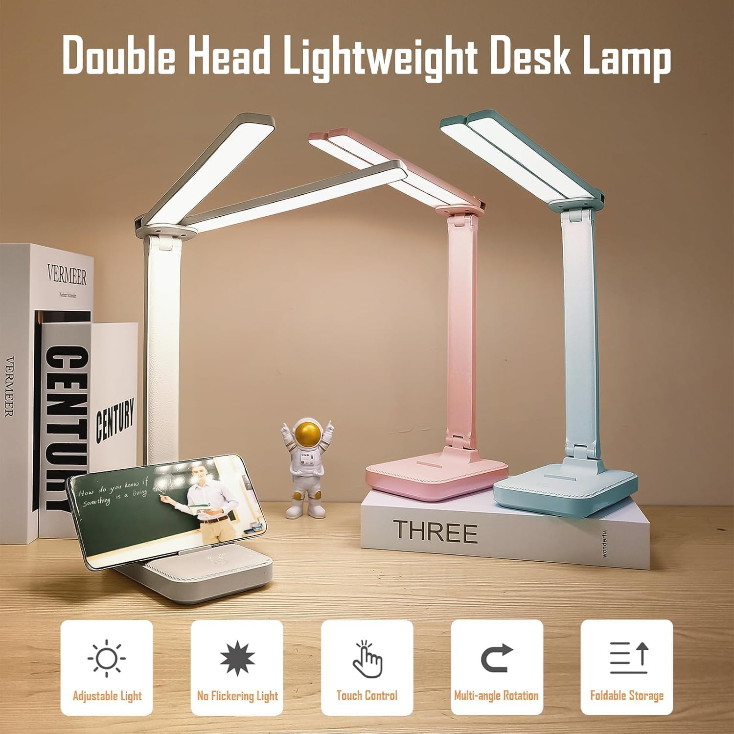 Double Head Desk Lamp, Rechargeable Portable Table Lamp, Adjustable Light Color and Brightness, USB Powered, LED Light for Work, Reading, Emergency (White) image number 3