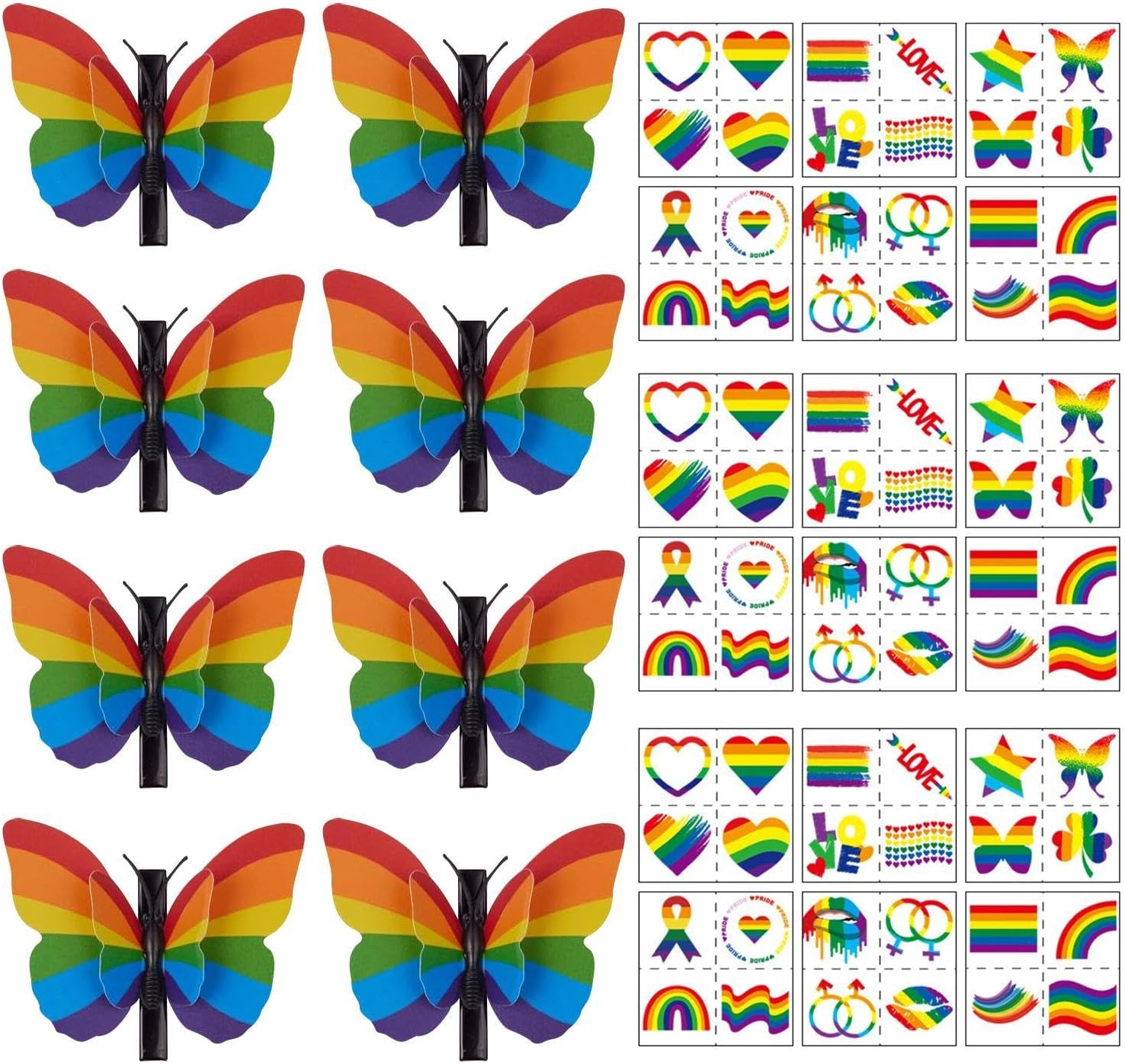 Pack of 8 Rainbow Butterfly Clips and 18 Rainbow Face Spots, Creative Cartoon Hairpin, Fun and Cute Face Stains, Dances and Celebrations. image number 5