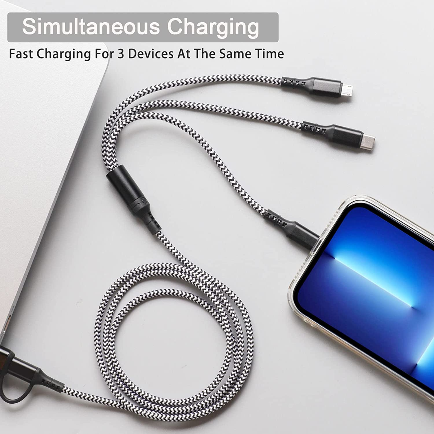 Multi Charging Cable, 5 in 1 USB A/USB C Multi Charger Cable Nylon Braided Fast Charging Cord with IP Micro USB Type-C Port, Multi USB Cable for Phone 16 15 14 13 12 11 X 8 6 Samsung and More - Black image number 2