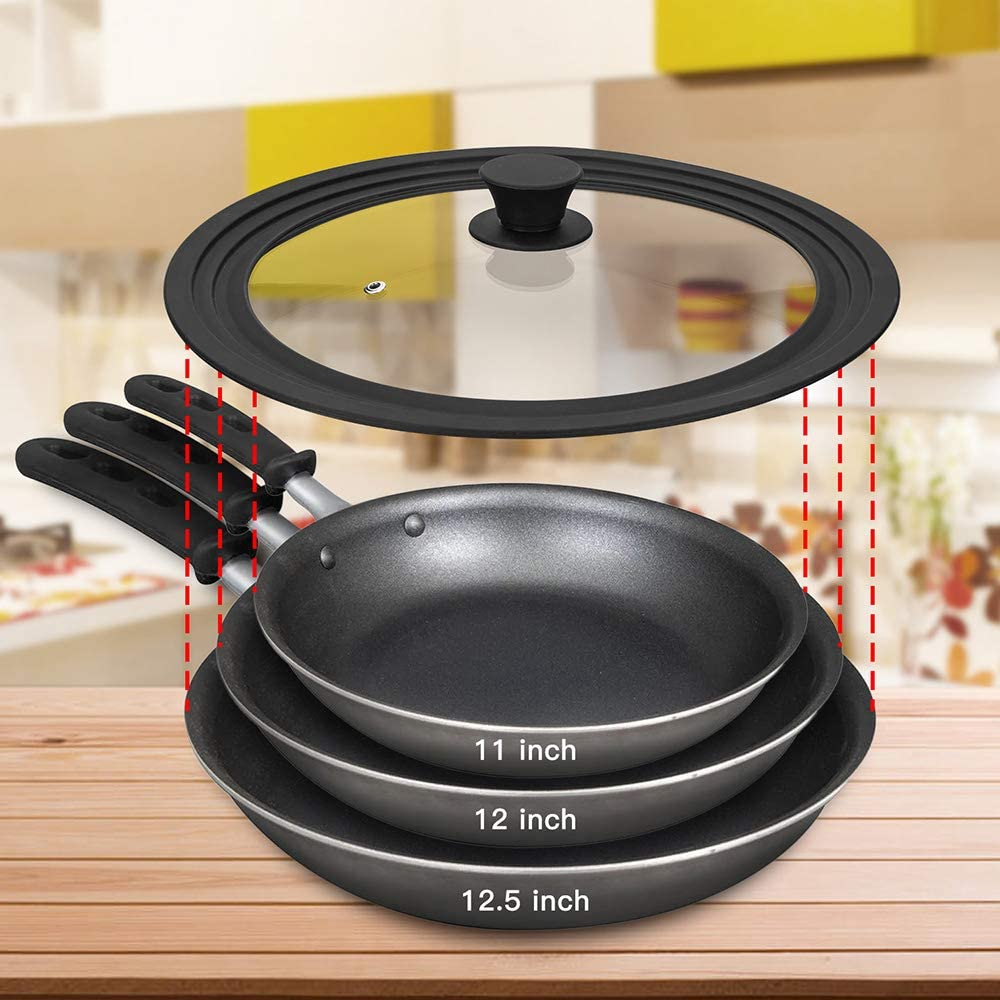 Universal Lid for Pots,Pans and Skillets - Tempered Glass with Heat Resistant Silicone Rim Fits 10.5", 11" and 12" Diameter Cookware,Black 11",12",12.5" Black image number 5
