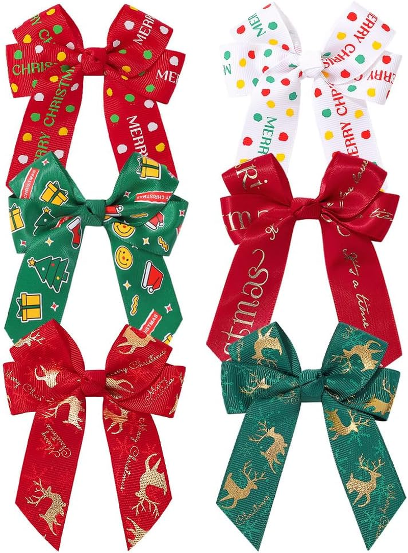 6PCS Large 3.3Inch Fable Hair Bows Hair Clips Red and Black Plaid Hair Bow for Toddlers Girls Handmade Christmas Hair Accessories for Little Girls Kids image number 5