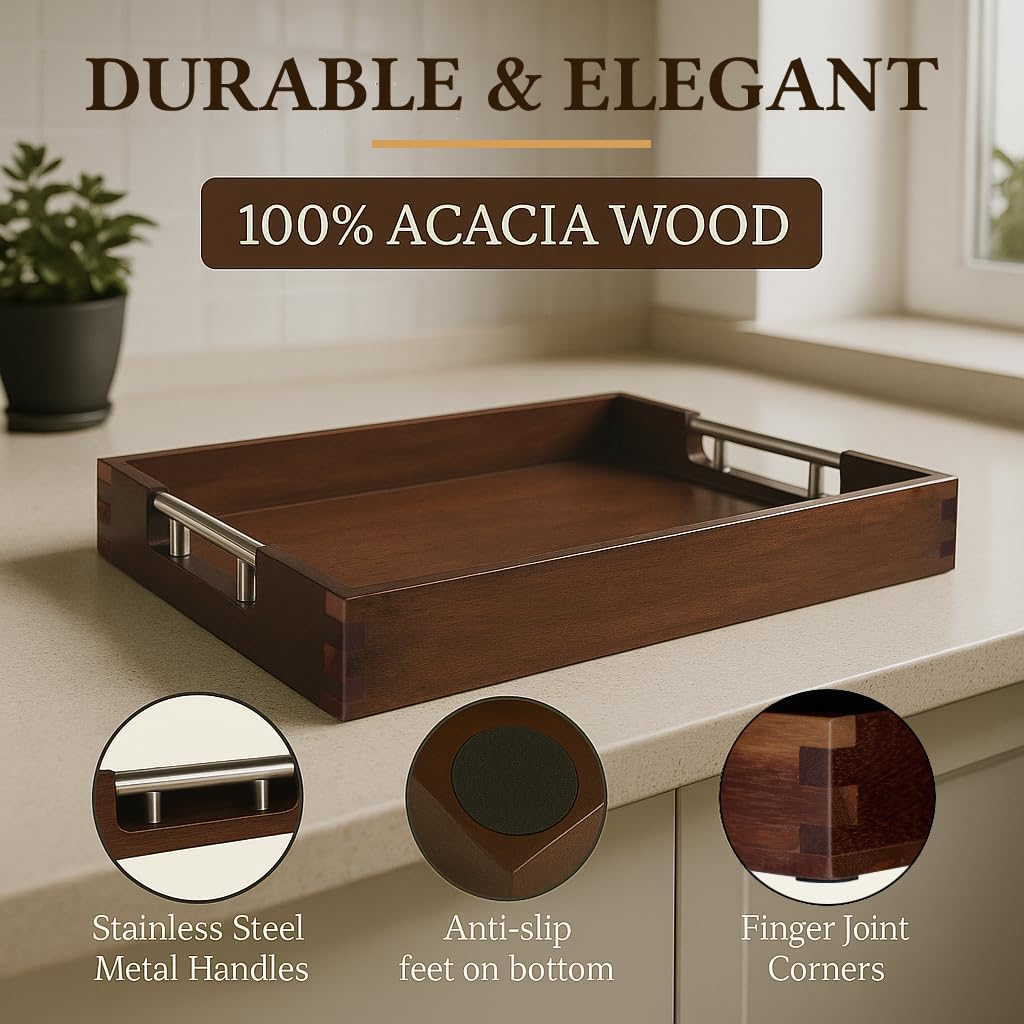 Swyftee Serving Tray with Handles &ndash; 17 X 12 X 2 Inch Dark Brown Acacia Wood Ottoman Tray Table Trays Decorative &ndash; Coffee Tray Wood Decor for Kitchen &ndash; Breakfast in Bed Tray with Silver Metal Handles image number 3