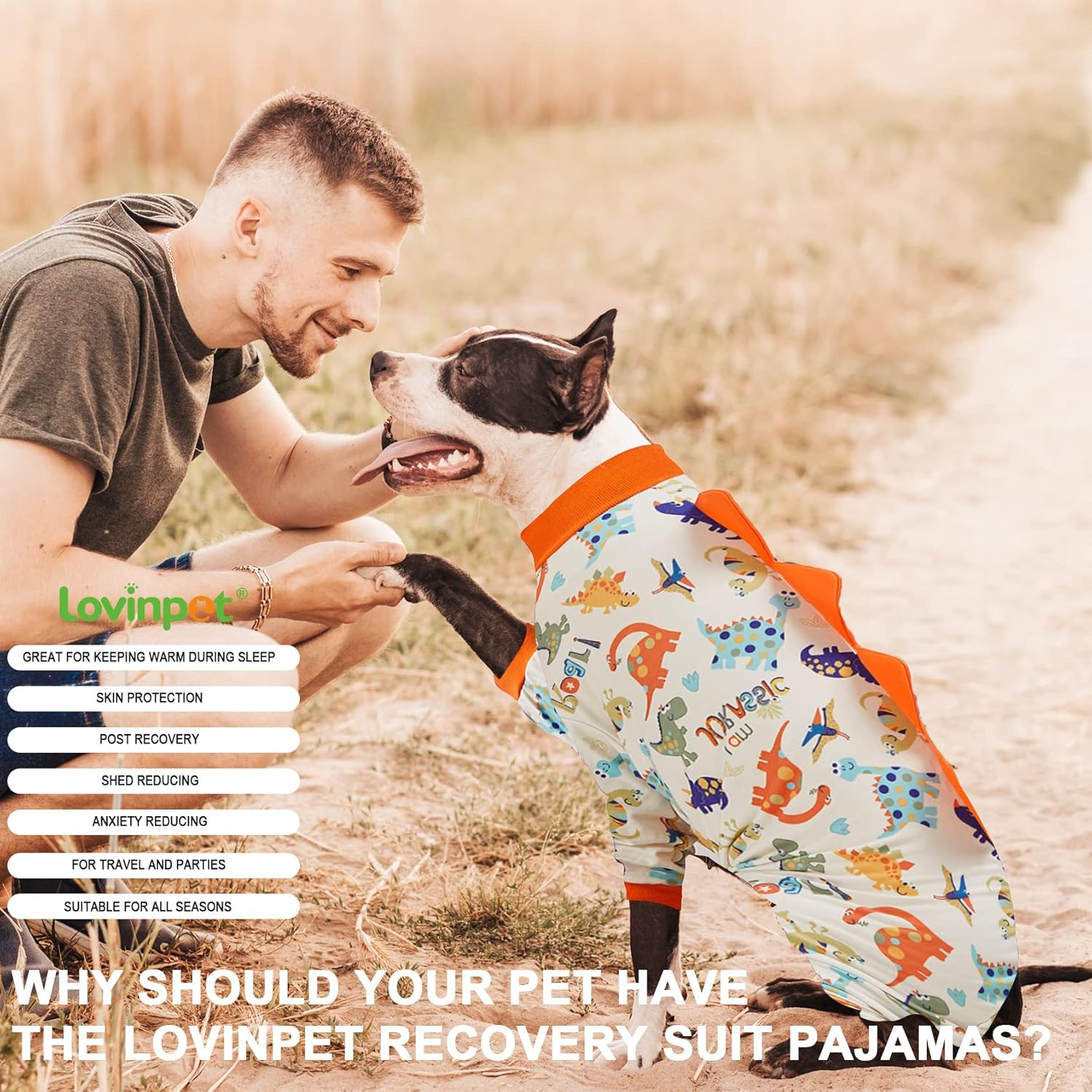 Lovinpet Big Dog Onesie, Large Dog Pajamas, anti Licking, Post Surgery Recovery Dog Clothes, Large Dog Jammies,Lightweight Stretch Jersey Knit Jurassic Blue Prints Dog Clothing, UV Protection/Xxl image number 6