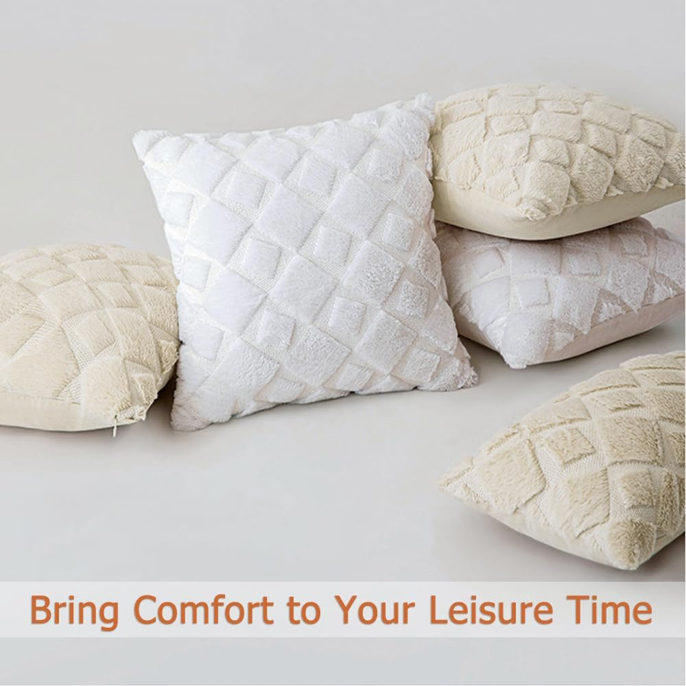2Pcs Soft Faux Fur Throw Pillow Covers 18X18 - Plush Short Wool Velvet Decorative Pillow Covers - Couch Sofa Pillow Covers for Living Room - with 3D Plaid Pattern (White)