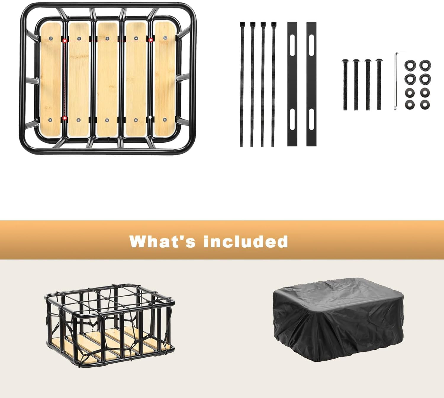 Heavy Duty Rear Bike Basket with Waterproof Cover & Cargo Net - 35X30X17Cm Rust-Resistant Metal Basket, Wooden Base for Bicycles/E-Bikes/Pets image number 1