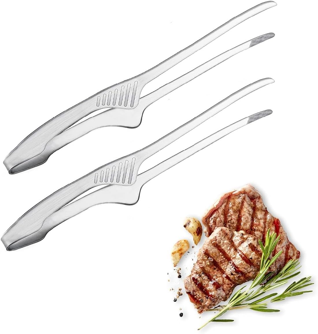 2 Pieces Stainless Steel Grill Tongs for Korean and Japanese BBQ Clean & Convenient Use, Non-Slip Serrated Tips, Ideal for Cooking Self-Standing Tongs for Salad, Grill, Camping, Buffet, Oven