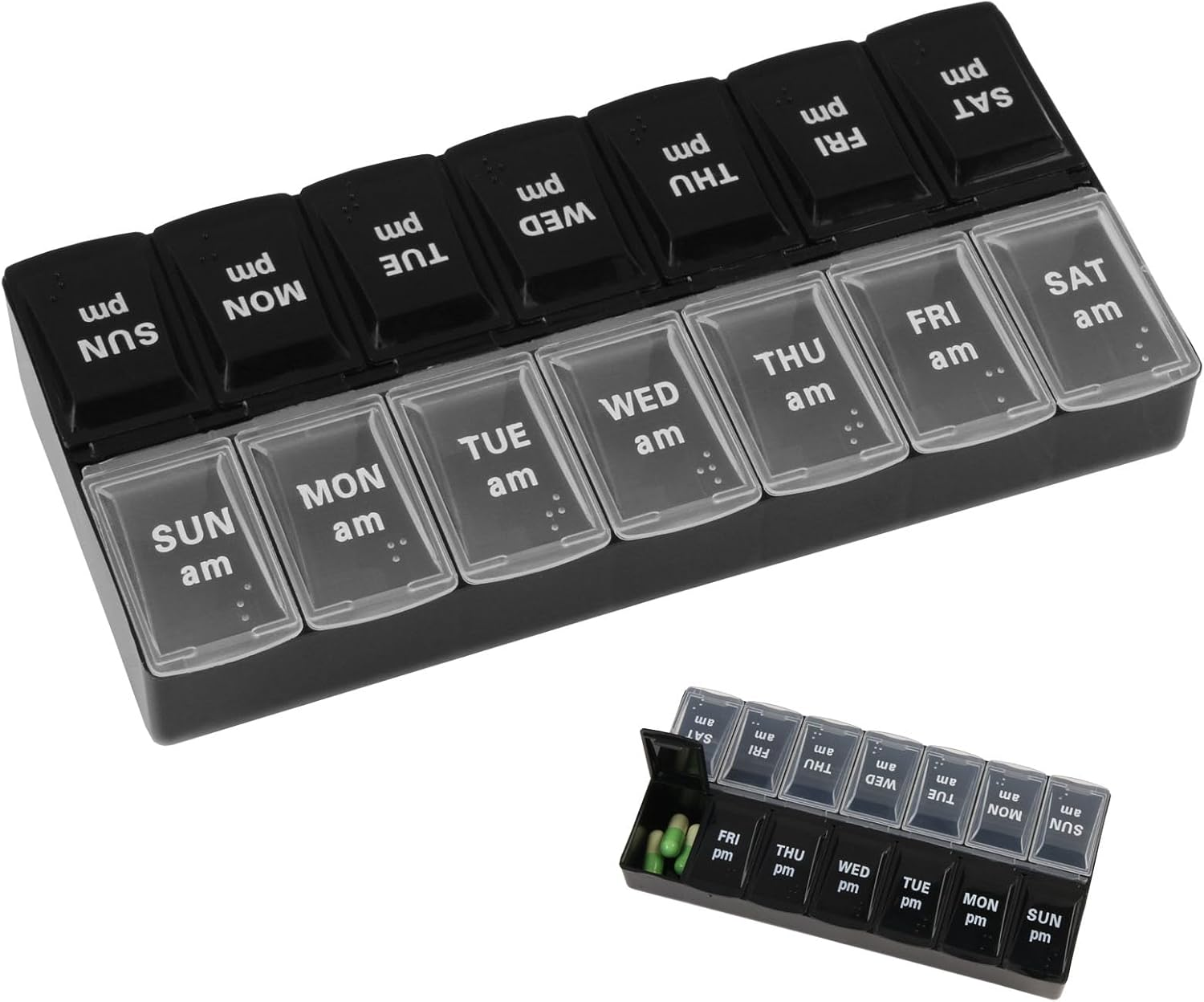 Weekly Pill Organizer, 7 Day Pill Organizer 2 Times a Day, Day Night Medicine Organizer, Pill Box with Simple Button Design for Pills/Vitamins/Fish Oil/Supplements, Black and White