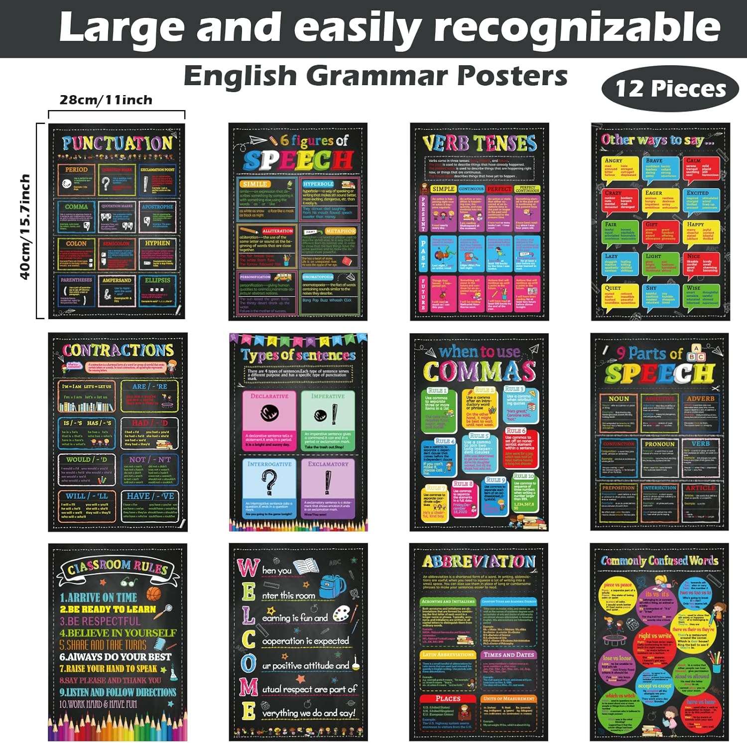 Gisgfim 12 Pieces Parts of Speech Posters for Classroom Back to School English Grammar Chart Educational Poster for ELA Elementary Middle High School Wall Decorations Supplies,16 X 11 Inch