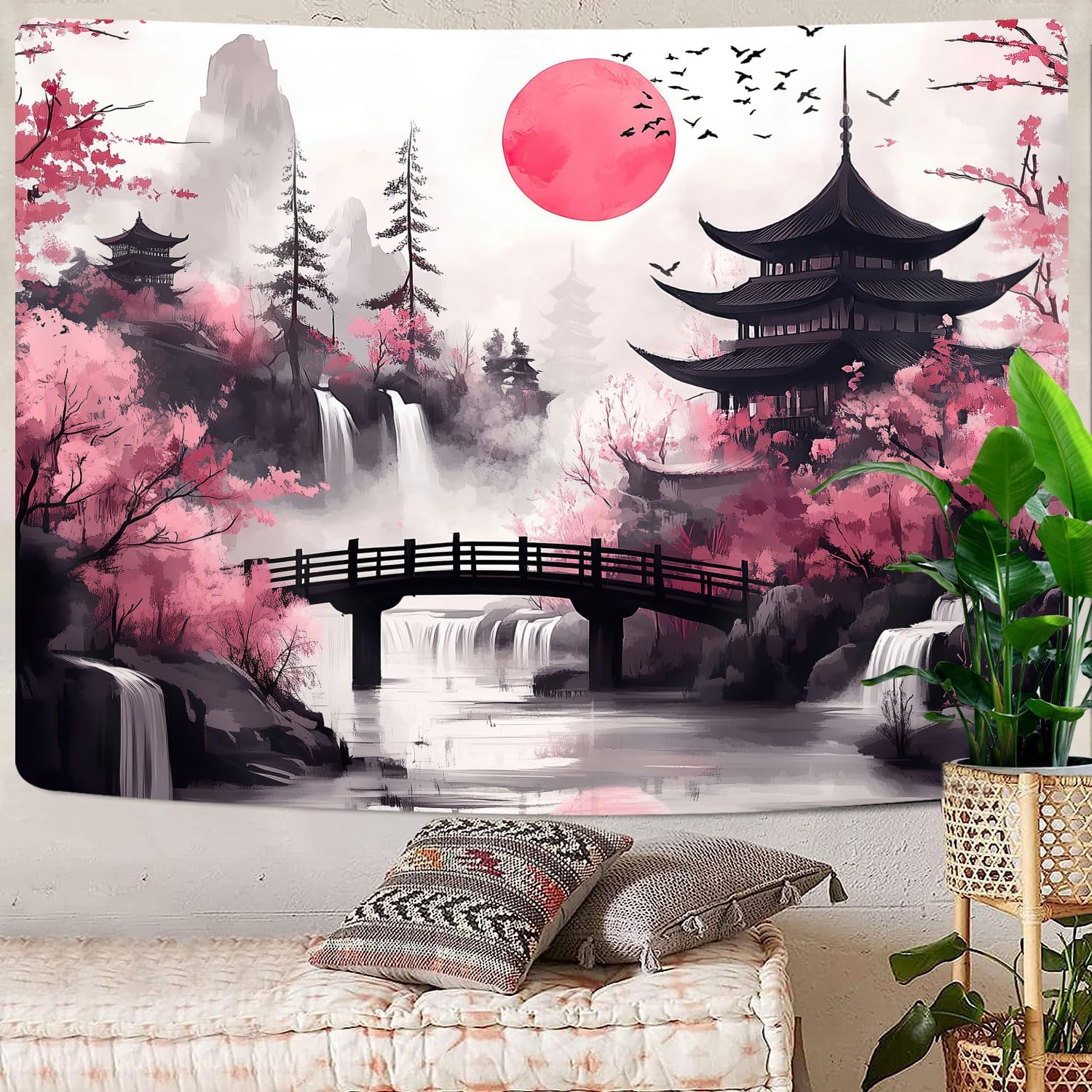 Japanese Anime Tapestry, Cool Japan Cherry Blossom Floral Mountain Waterfall Sun Asian Oriental Abstract Ink Art Tapestry, Black Pink Nature Landscape Tapestries for Living Room College Dorm, 80X60IN image number 2