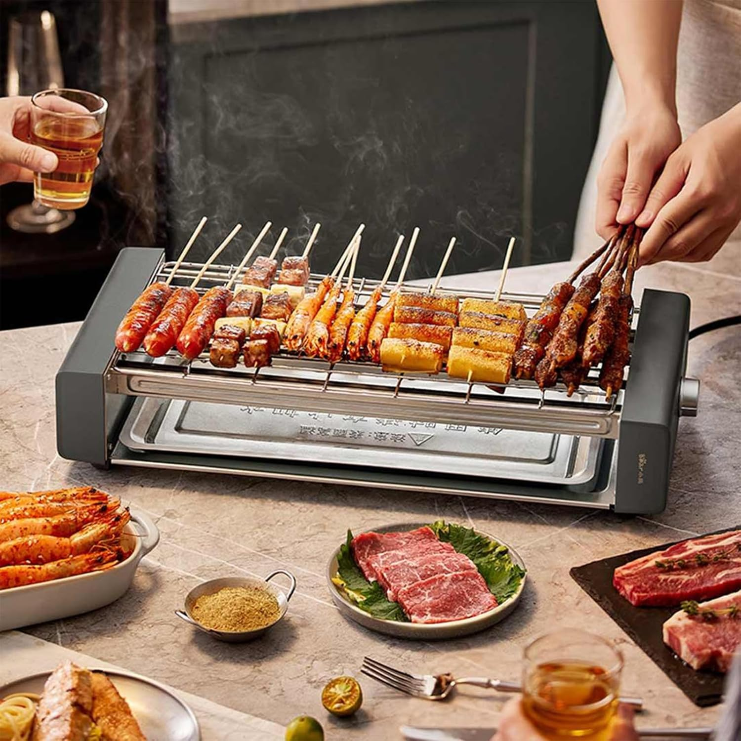 TECHBEAR Electric Grill, 2000W Indoor Smokeless Grills for Kitchen with Grill Net, Knob Temperature Control, Detachable and Washable, Dishwasher Safe