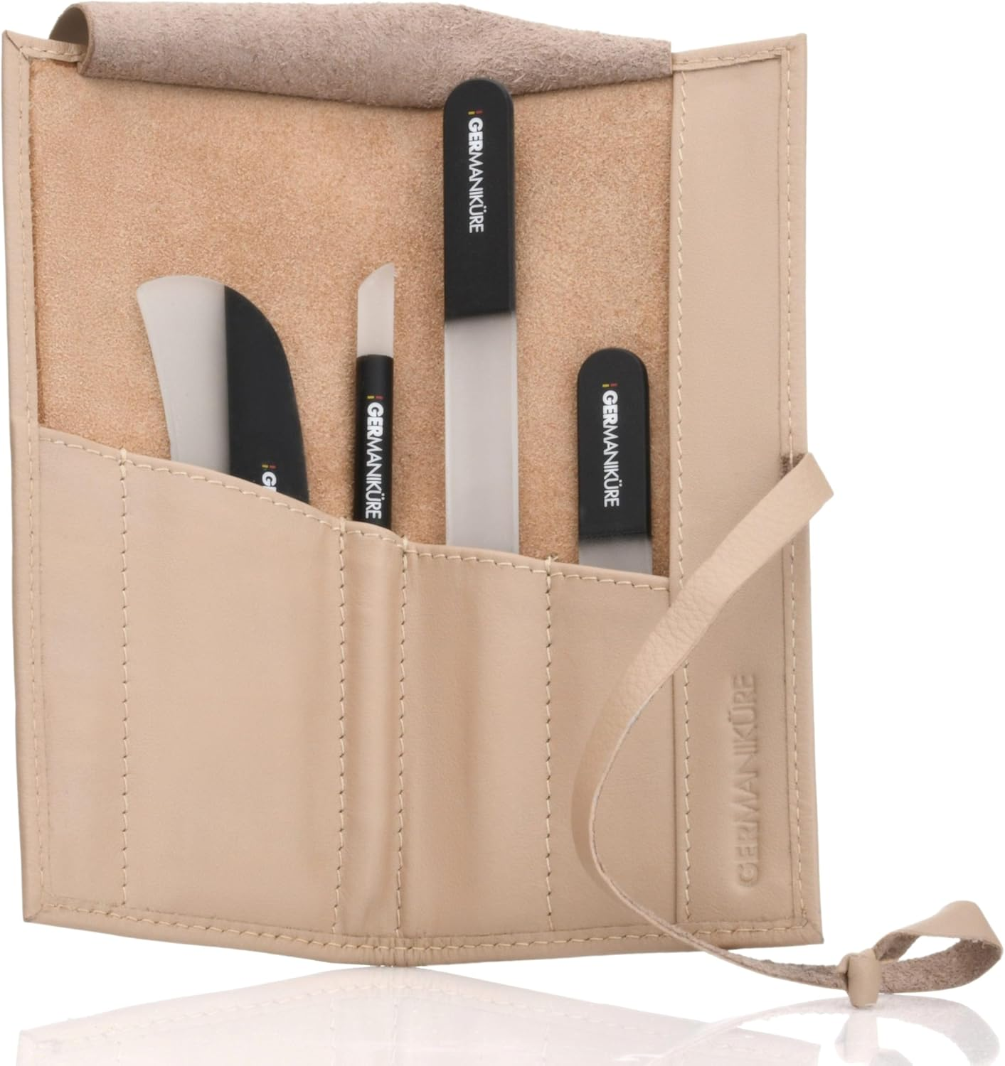GERMANIKURE Black Crystal Glass Nail File Set in Beige Leather Case &ndash; Handmade in Czech Republic &ndash; Professional Manicure & Pedicure Supplies &ndash; Glass Cuticle Stick, Pusher, Moon File image number 3