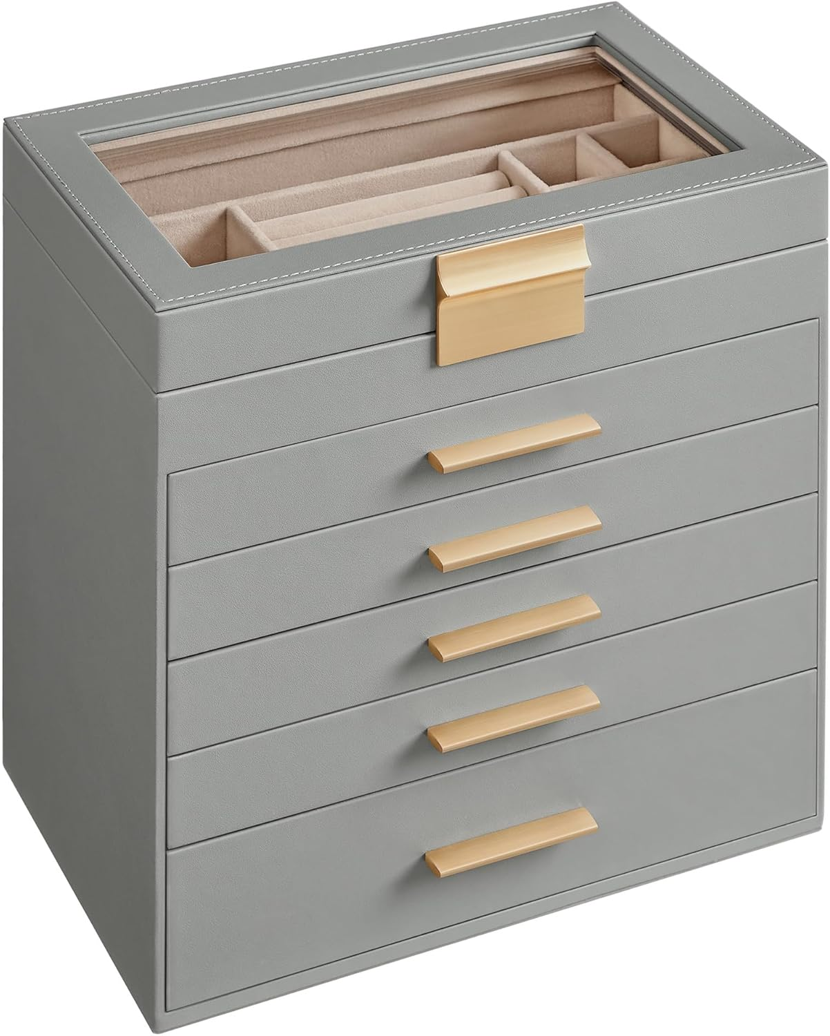 SONGMICS JBC171B01 6 Tier Jewellery Box with Glass Lid 5 Drawers Sunglasses Large Jewellery Storage Modern Graphite Black Gold