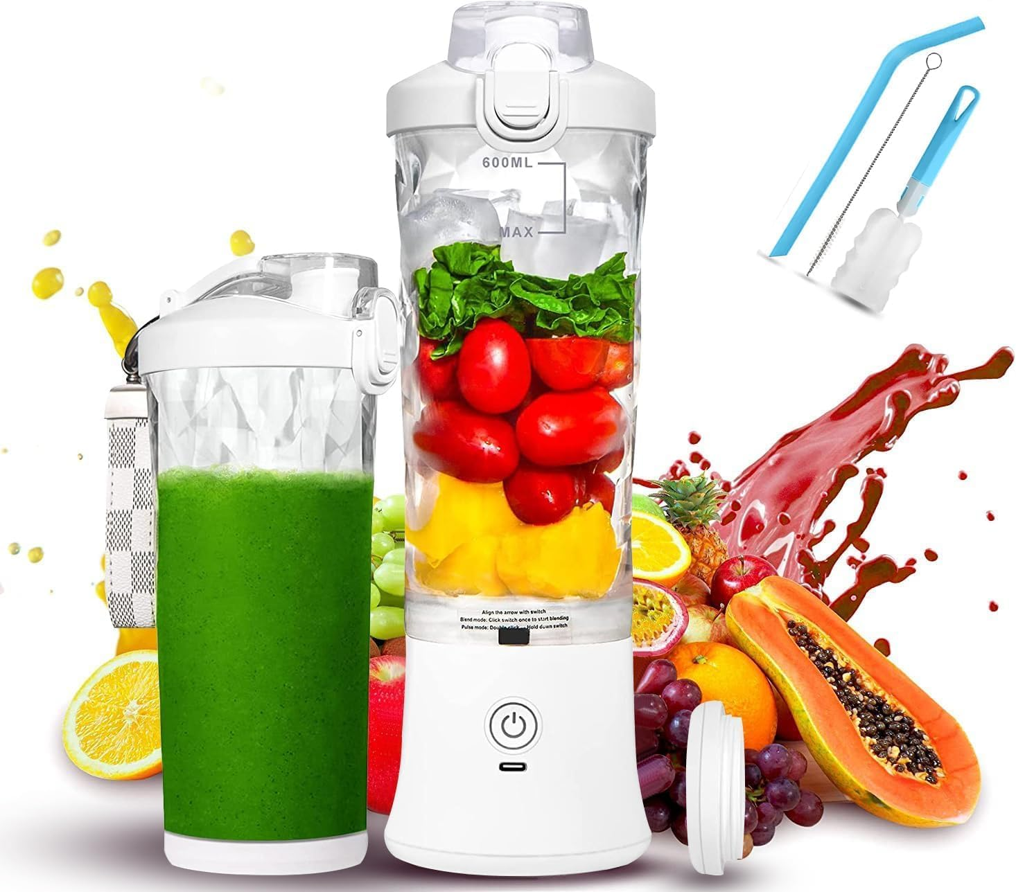 Portable Blender 600Ml, 6 Blades, USB Rechargeable Waterproof Personal Blender for Shakes and Smoothies, Fruit Juice Mixer, for Home, Baby Food, Vegetables Office, Sports and Travel image number 1